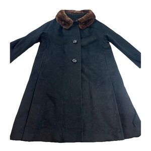 Lorna Lee Solid Black Fur Collar L/SL Wool Long Winter Coat Size Large Vintage